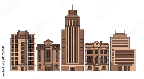 A collection of tall and short buildings with detailed facades lining a city streetscape.
