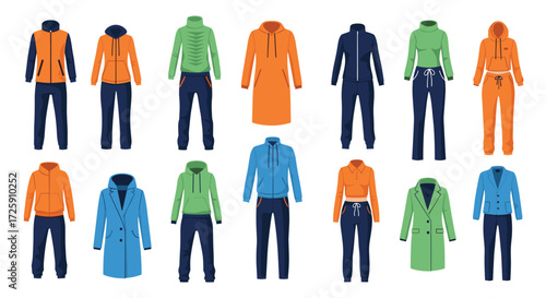 Collection of colorful outerwear and athletic apparel for women and men.