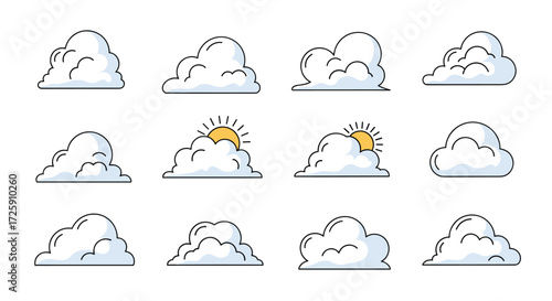A diverse collection of cartoon cloud illustrations featuring various shapes and sizes.
