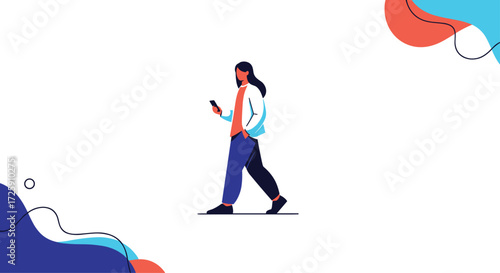 A person is walking while looking at their smartphone device screen outdoors.