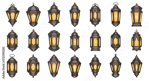 A collection of decorative vintage lanterns illuminated with warm light.