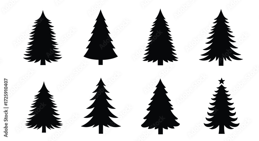 Fototapeta premium A collection of elegant black silhouette Christmas trees ready for holiday decoration