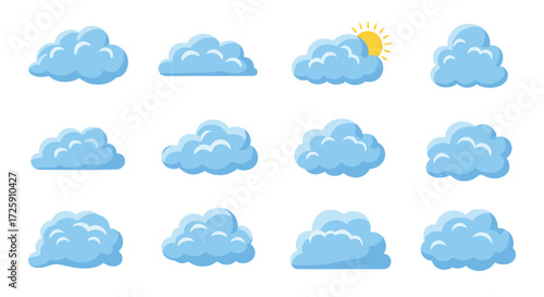 Collection of various fluffy blue clouds in different shapes and sizes on a white background.