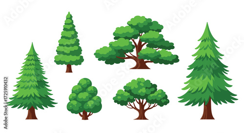 A collection of beautiful green trees with brown trunks against a white background.
