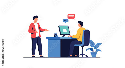 Two colleagues collaborate on a project discussing ideas at a desk with a computer.
