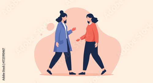Two women walk towards each other in conversation and dialogue.
