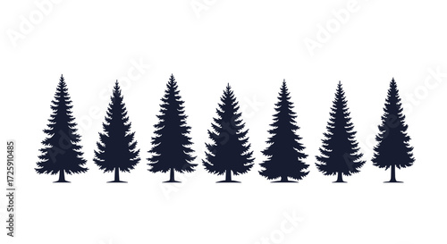 A row of seven dark green pine trees in varying sizes and shapes.