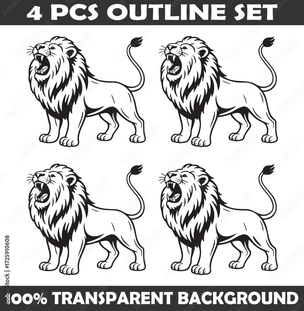 Obraz premium Set of Lion Roaring Outline vector illustration isolated On Transparent Background