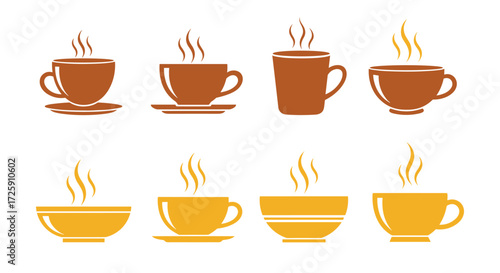 A collection of steaming hot beverages served in various cups and mugs.