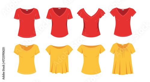 A collection of different styles of short sleeve tops.