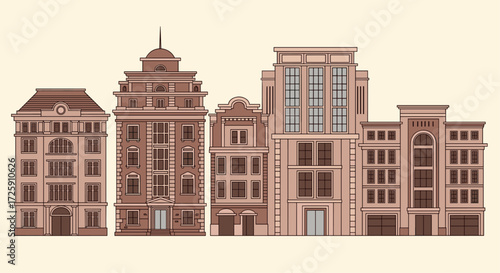 A row of vintage buildings in various architectural styles stand tall against a plain background.