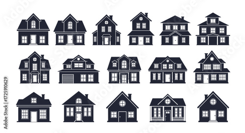 Collection of various silhouette residential house architectural designs and building styles.