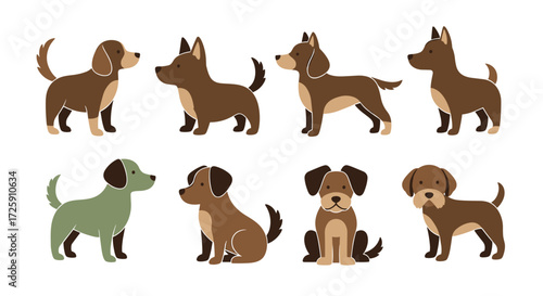 A collection of cute cartoon dogs in various poses and colors.