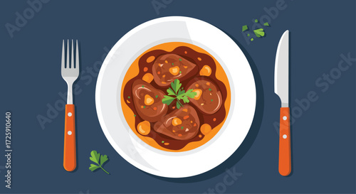 A close overhead view of a delicious stew served in a white bowl with parsley and cutlery.