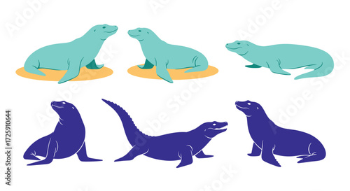 Illustration of two groups of marine mammals showing different poses