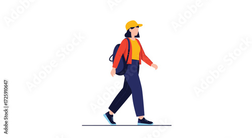 A young woman wearing a yellow cap and sunglasses walks with a backpack.