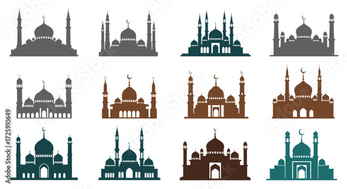 A collection of twelve diverse silhouette mosque designs showcasing varied architectural styles and intricate details.