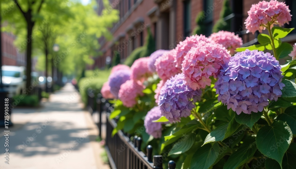 Obraz premium Pink, purple hydrangeas bloom alongside city sidewalk, sunny summer day. Blossoms line path in residential area, creating beautiful urban streetscape. Green foliage, blooming nature brings vibrant