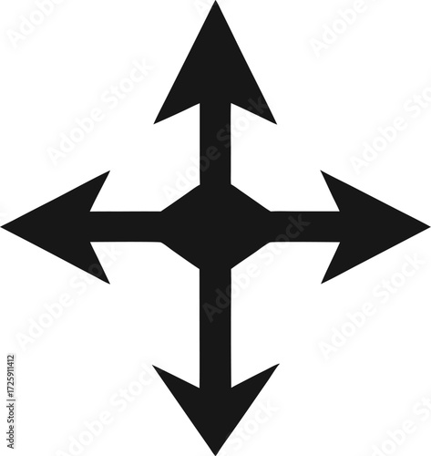 A simple black silhouette of a three way directional arrow icon