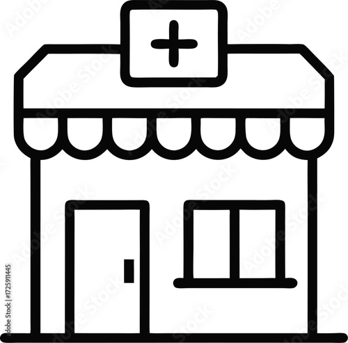 Simple outline icon of a pharmacy store on a white background