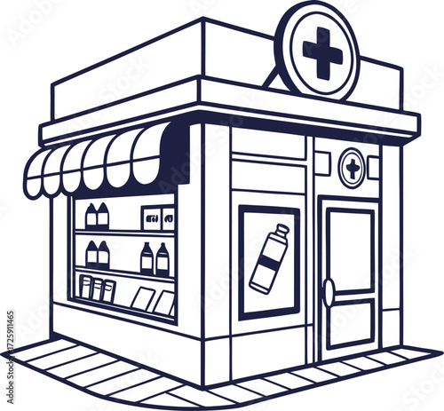 A simple silhouette vector icon of a pharmacy store on white