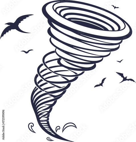 A simple black silhouette of a tornado on a white background