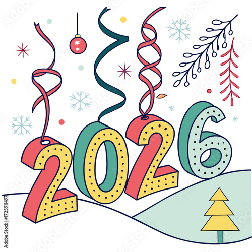 Festive illustration depicting the year 2026 with vibrant colors and shapes