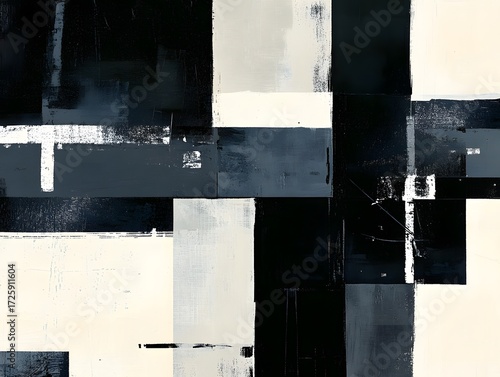 Abstract Monochrome Grid Painting- Black, White, Gray Canvas Art