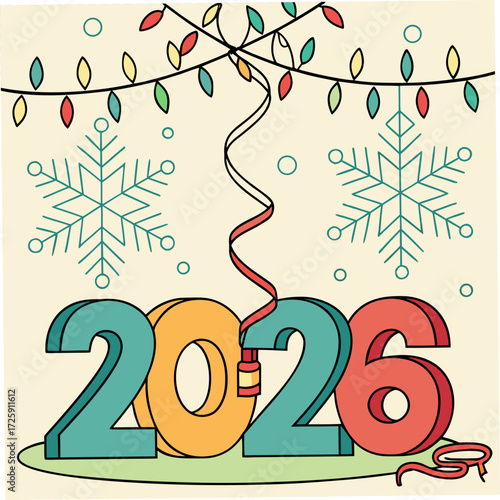 Festive colorful illustration depicting the future year of 2026