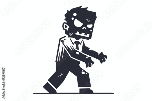 Scarred monochrome zombie character walks menacingly with arms outstretched, dressed in tattered business attire