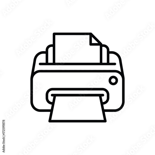 Simple line art icon of a printer with paper