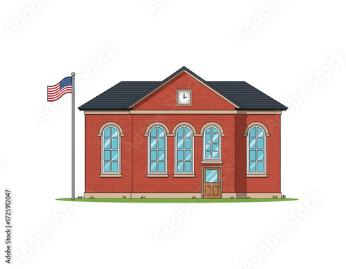 Classic American red brick schoolhouse building with a national flag, an architectural illustration isolated on a white background. VectorImage (106).eps