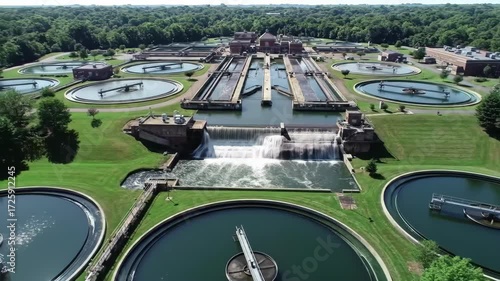 Aerial view of wastewater treatment plant with forested background, showcasing water purification and effluent discharge