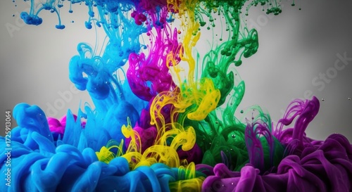 Dynamic confluence of chromatic liquids in a mesmerizing underwater display featuring vibrant