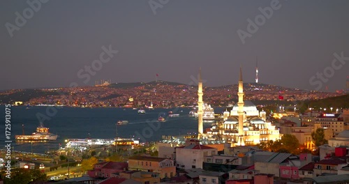 Evening view of Camila Tower, Yeni Camii, Bosphorus, Galata Tower, Golden Horn Istanbul, Turkey, Turkiye