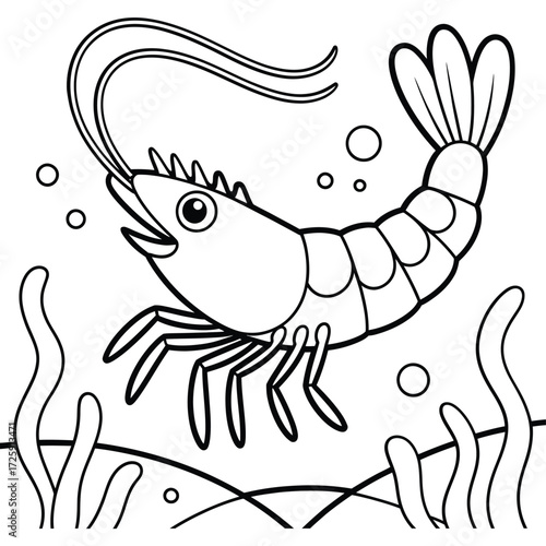 Cute cartoon shrimp underwater scene coloring page