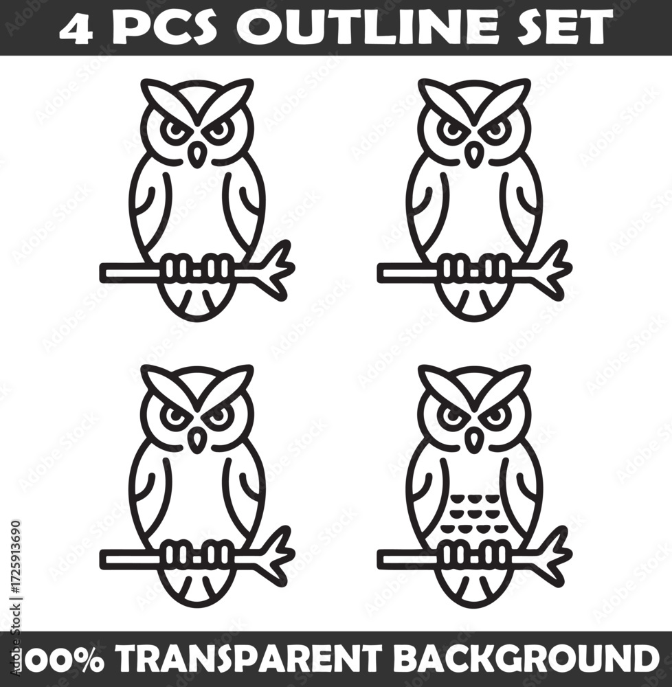 Fototapeta premium Set of Owl Outline vector illustration isolated On Transparent Background