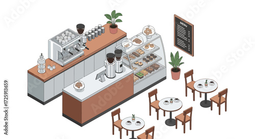 Isometric Coffee Shop Illustration Cafe Interior with Display Case and Seating