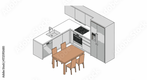 Isometric Kitchen Design Rendering Modern Interior with Dining Table and Appliances