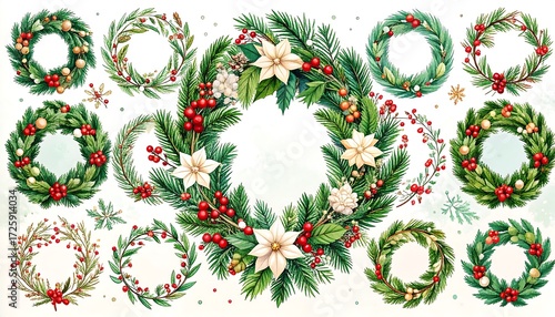 Watercolor Christmas Wreaths Collection: Festive Green, Red Berries, Poinsettia