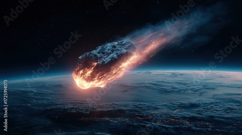 Fiery Asteroid Approaching Earth Atmosphere Space Rock Cosmic Impact Burning Meteorite isolated on a transparent background