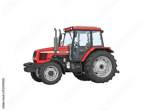 Red Farm Tractor Vector Illustration Detailed Agricultural Vehicle for Farming and Rural Scene Design