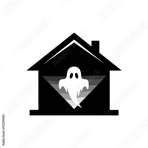 Haunted house logo with a ghost silhouette for a spooky Halloween theme on a transparent background