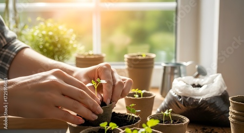 Close-up of hands planting young green seedlings into peat pots by a sunny window