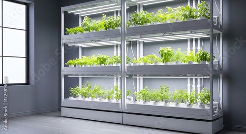 Indoor vertical farming system with fresh green plants under LED grow lights, showcasing modern sustainable agriculture