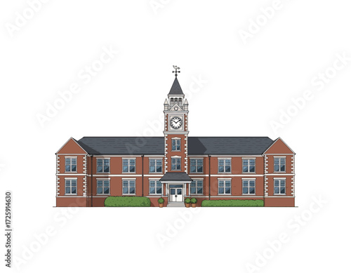 An illustration of a classic brick building with a prominent clock tower and symmetrical windows, representing institutional architecture and timeless design
