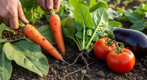 Farmer's hands harvesting organic carrots, spinach, tomatoes, and eggplant from fertile soil in a sunny garden.