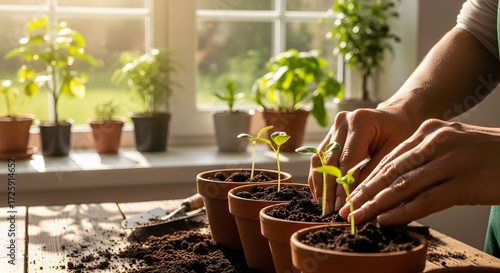 Close-up of human hands carefully planting small green seedlings into terracotta pots on a rustic wooden table by a sunlit window indoors.