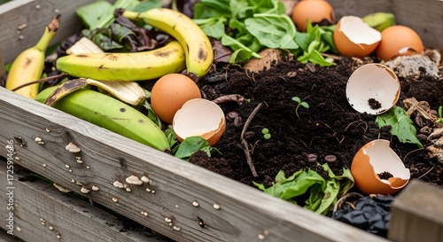 Organic food waste and garden scraps decomposing in a wooden compost bin, fostering nutrient-rich soil for sustainable living.