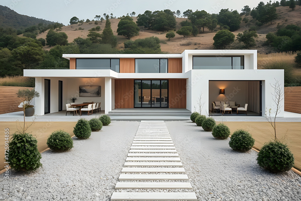 Fototapeta premium Modern Hillside Home with Minimalist Design and Natural Surroundings